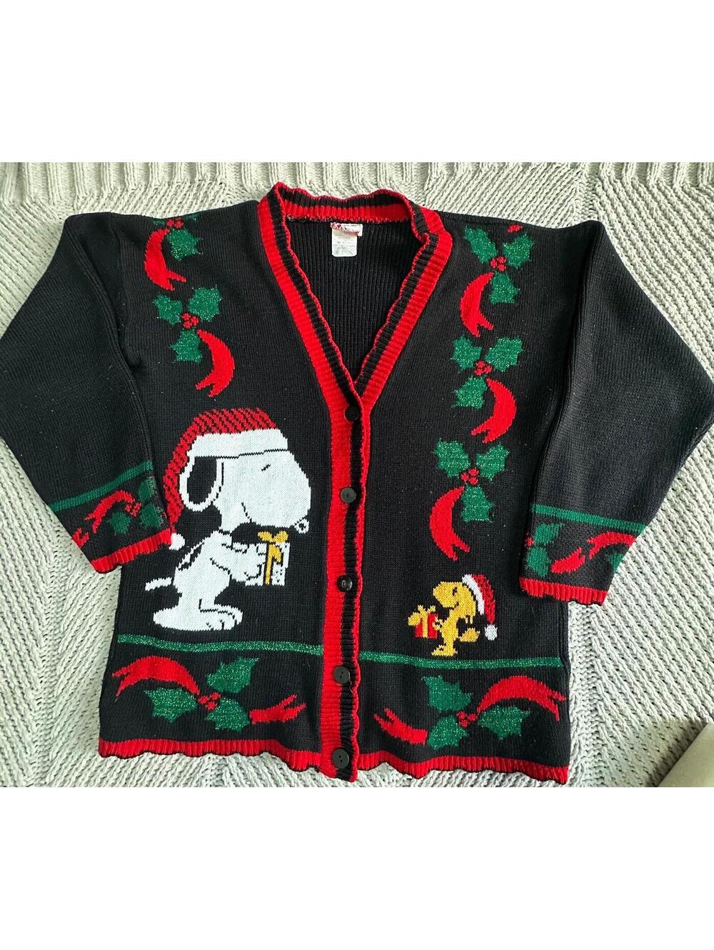 VTG Snoopy & Friends Christmas Cardigan Sweater M Made In The USA Acrylic Black